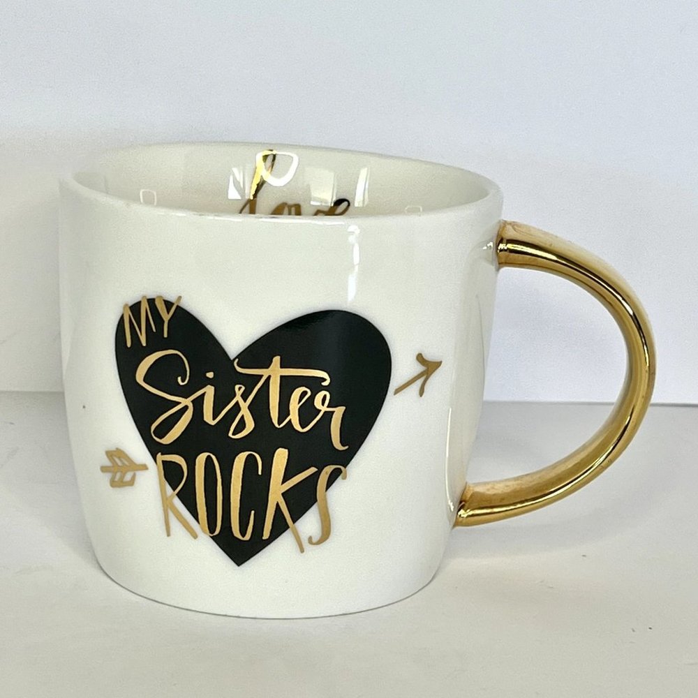 Slant Collection "My Sister Rocks" 14oz White/Gold Ceramic Coffee Mug GoldHandle